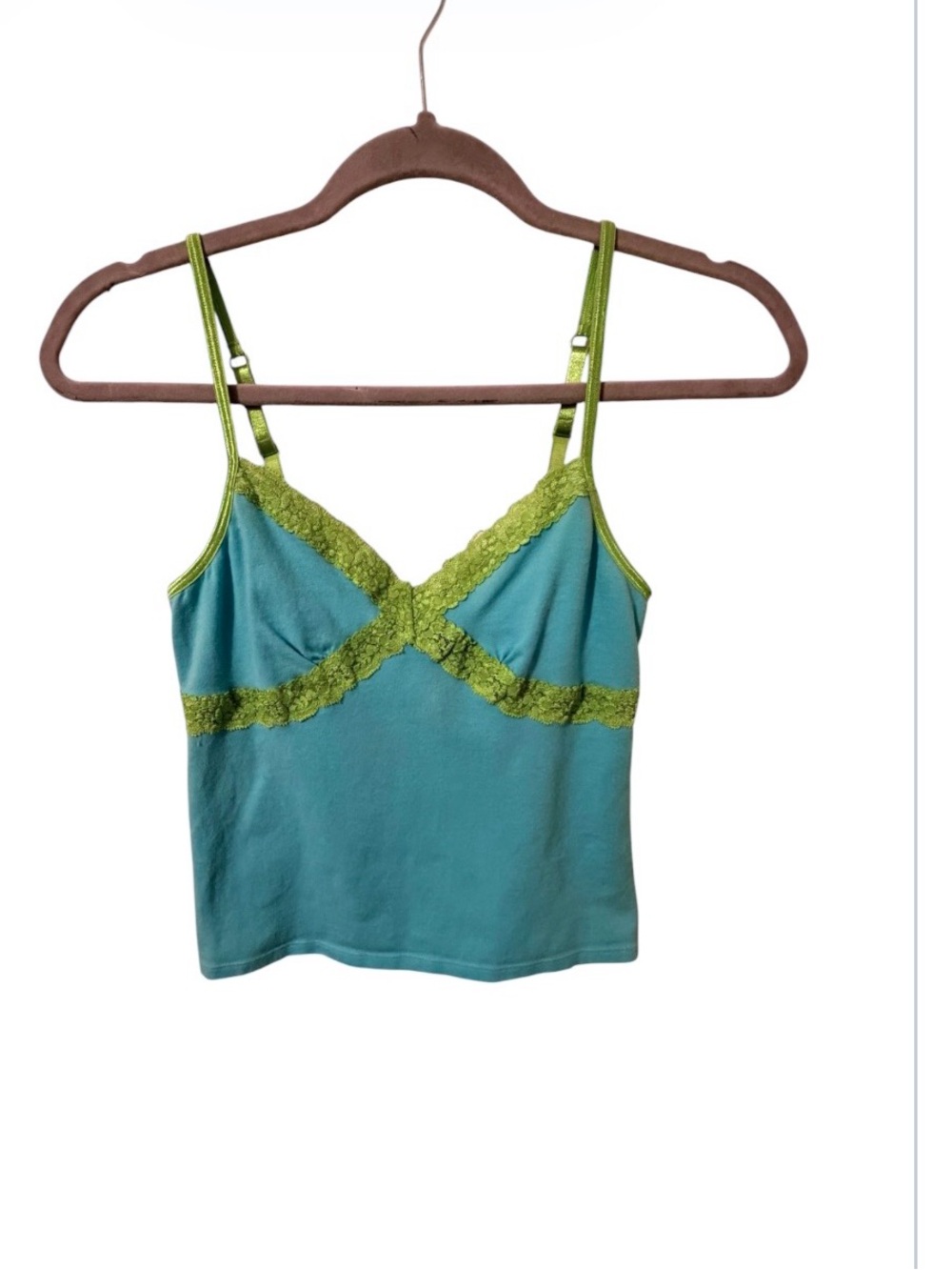 PINK Victoria's Secret Aqua Blue Camisole with Lime Lace Trim Vtg Summer Top ⭐️ - Picture 3 of 5